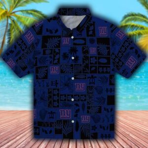 New York Giants Hawaiian Shirt Blue Black Tropical Patchwork Design 1