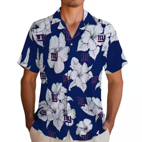 New York Giants Hawaiian Shirt Blue White Hibiscus Blooms Design 2