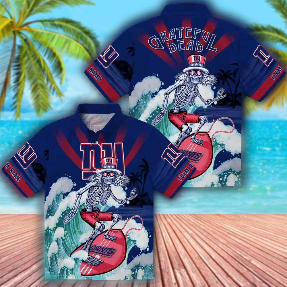 New York Giants Hawaiian Shirt Surfing Skeleton Design Personalized Blue New York Giants Hawaiian Shirt Surfing Skeleton Design Personalized Blue