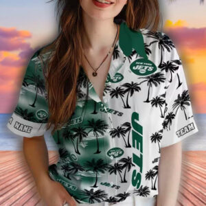 New York Jets Green Hawaiian Shirt with Palm Silhouettes Design 4