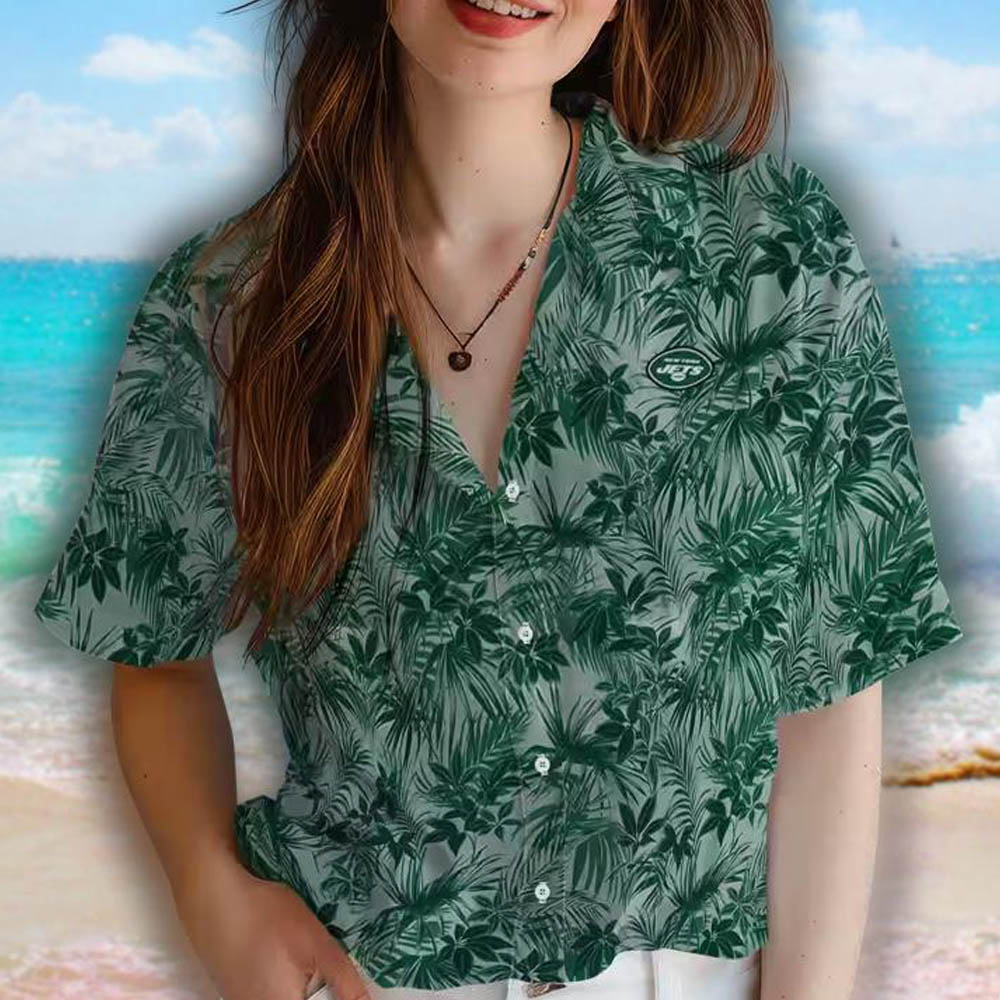 New York Jets Green Leafy Hawaiian Shirt for Fans New York Jets Green Leafy Hawaiian Shirt for Fans
