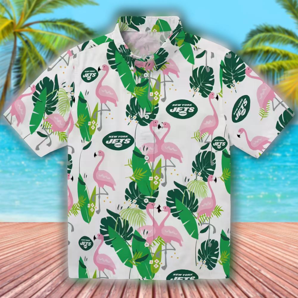 New York Jets Hawaiian Shirt Flamingo Foliage Green Design New York Jets Hawaiian Shirt Flamingo Foliage Green Design