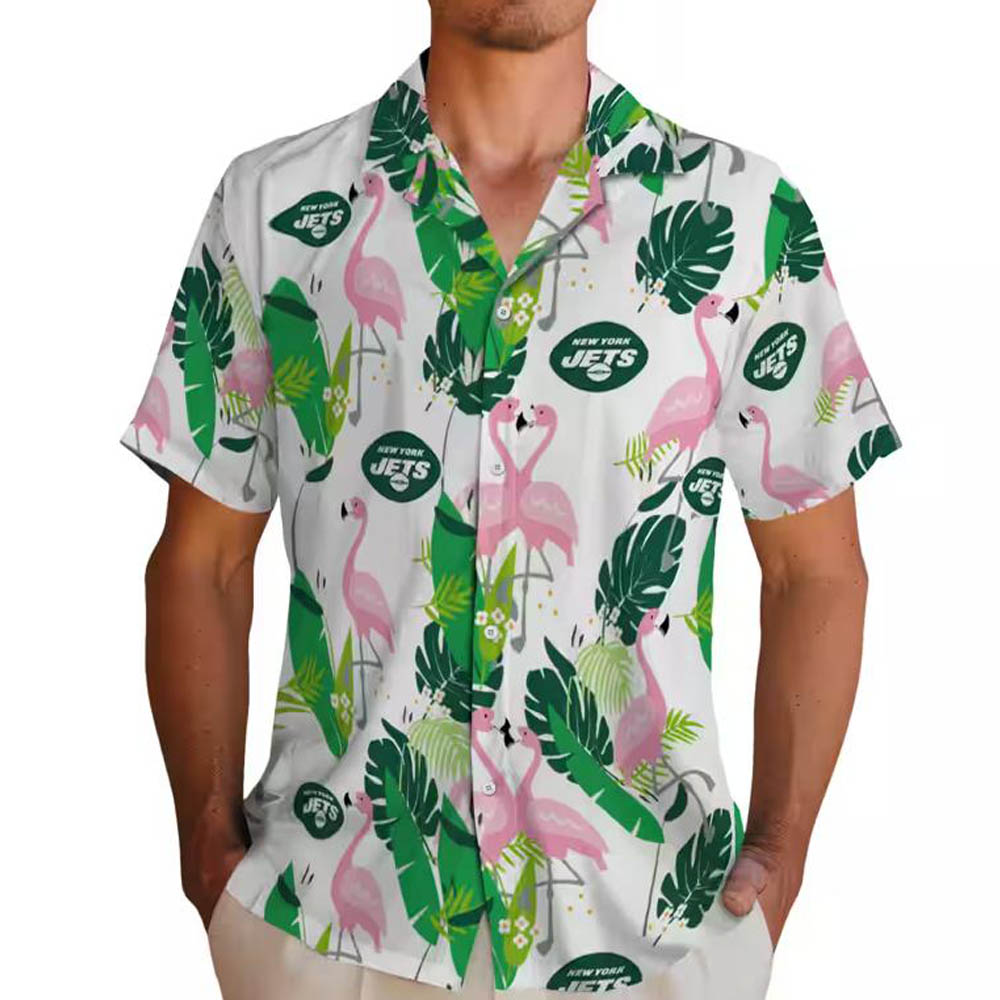 New York Jets Hawaiian Shirt Flamingo Foliage Green Design New York Jets Hawaiian Shirt Flamingo Foliage Green Design