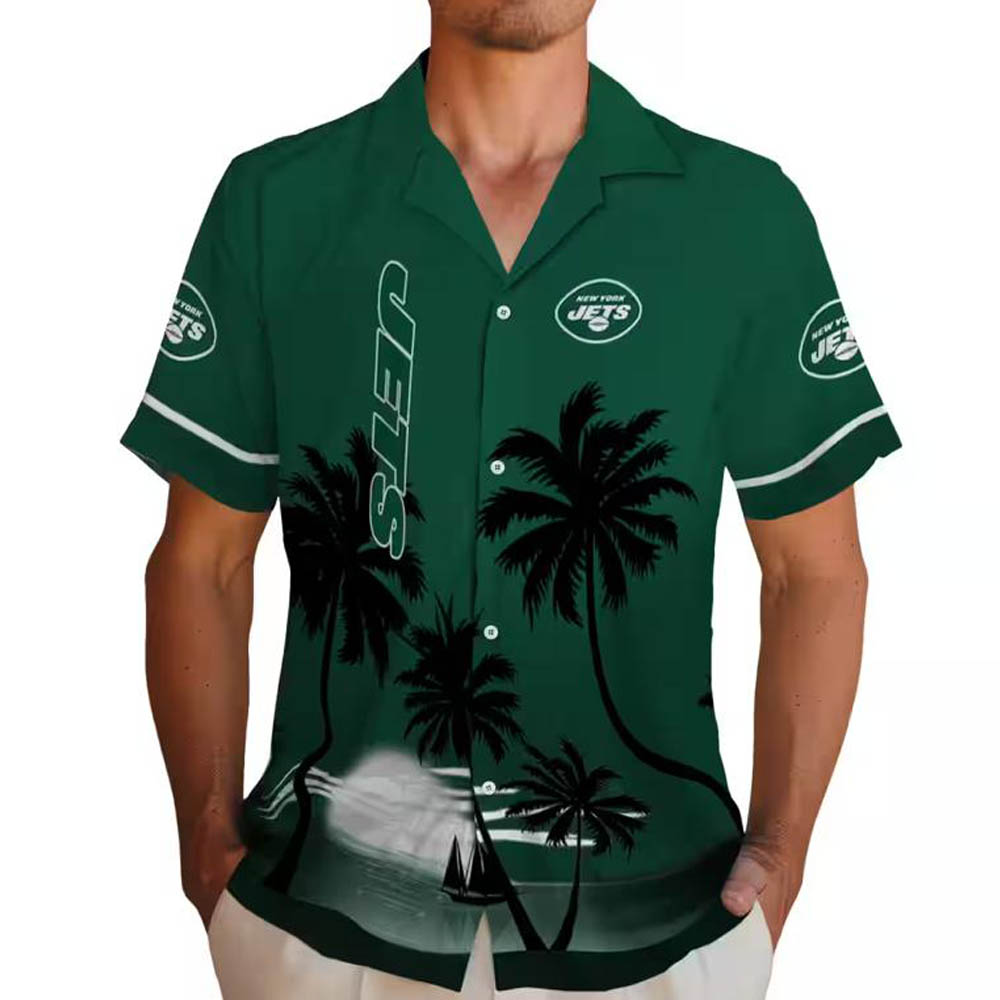 New York Jets Hawaiian Shirt Green Black Beach Sunset Design New York Jets Hawaiian Shirt Green Black Beach Sunset Design