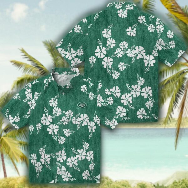 New York Jets Hawaiian Shirt Green Hibiscus Clusters Design 3
