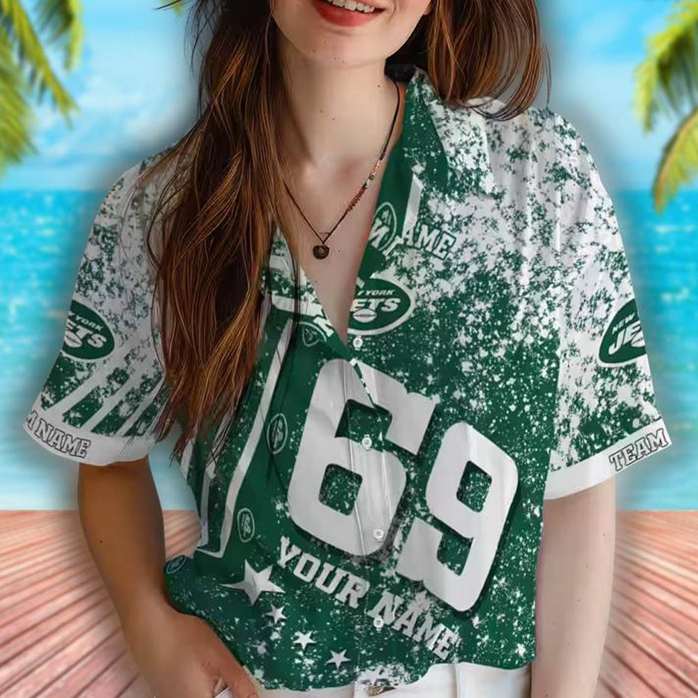 New York Jets Hawaiian Shirt Green Star Stripes Design Custom New York Jets Hawaiian Shirt Green Star Stripes Design Custom