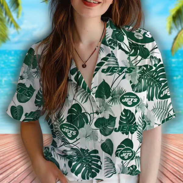 New York Jets Hawaiian Shirt Green White Tropical Plants Design 4