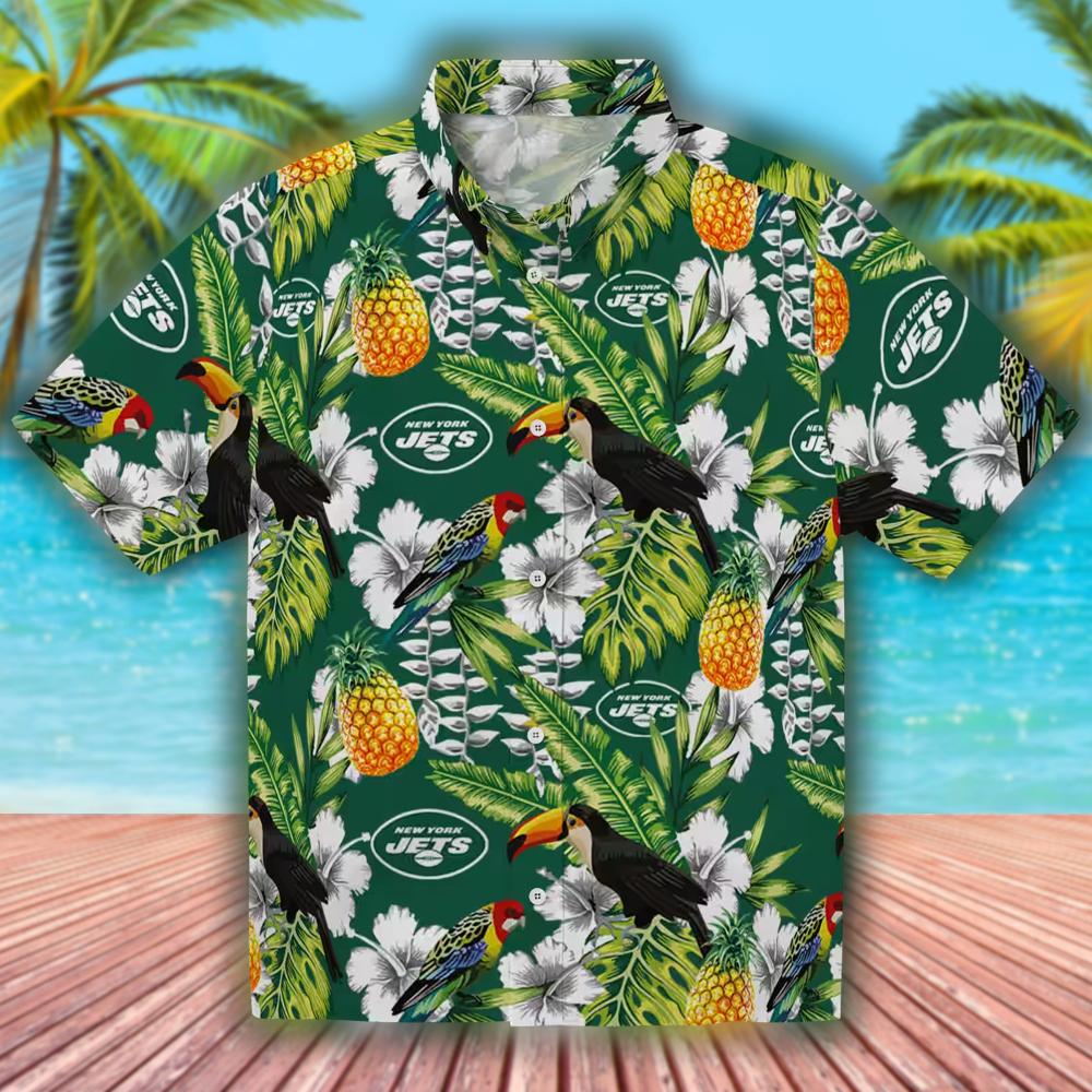 New York Jets Hawaiian Shirt Tropical Toucan Green Personalized Design New York Jets Hawaiian Shirt Tropical Toucan Green Personalized Design