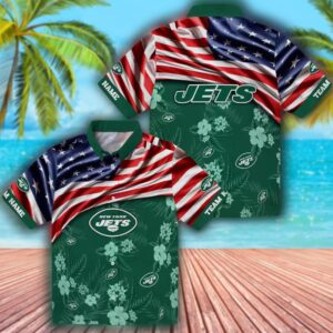 New York Jets Hawaiian Shirt US Flag Green Hibiscus Design 3