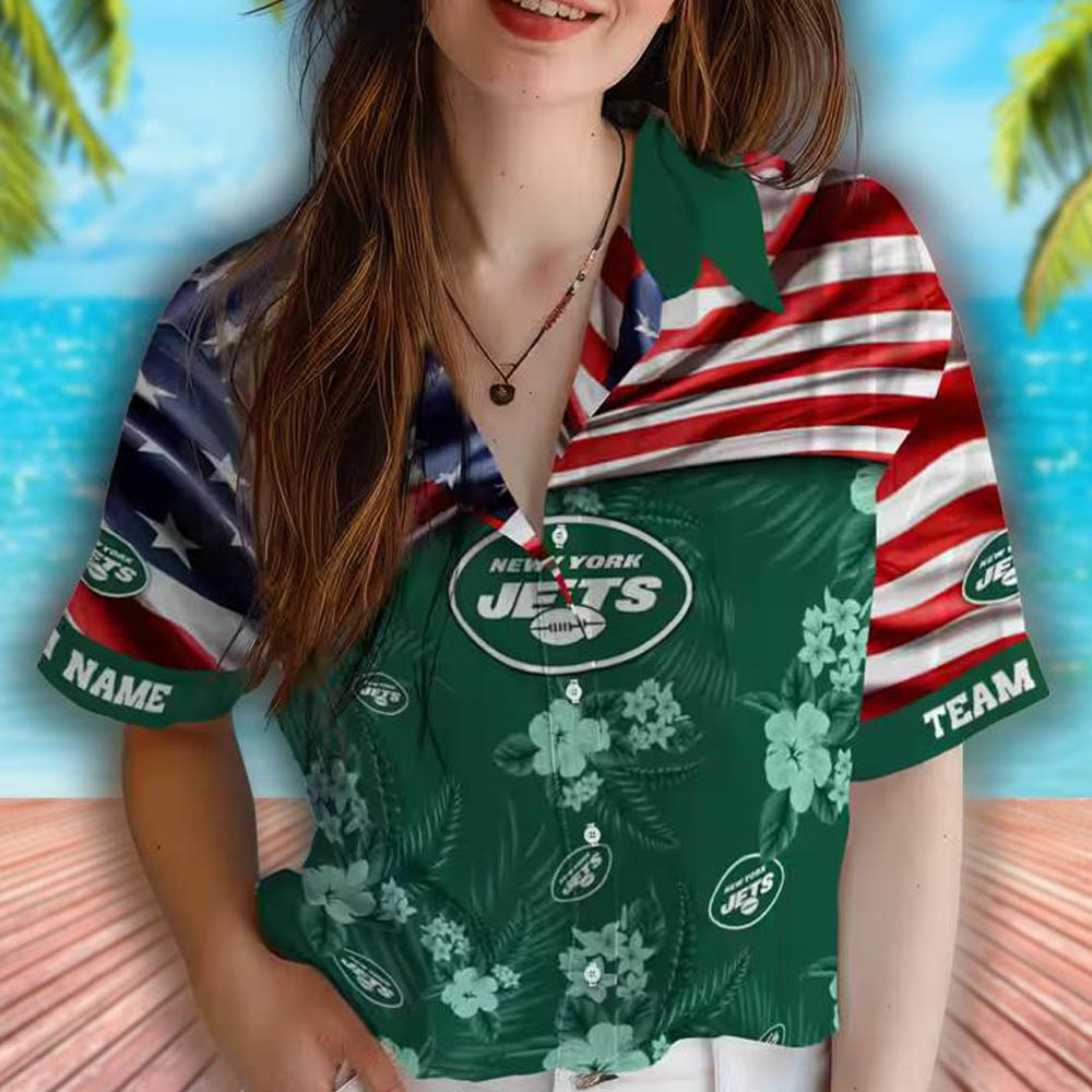 New York Jets Hawaiian Shirt US Flag Green Hibiscus Design New York Jets Hawaiian Shirt US Flag Green Hibiscus Design