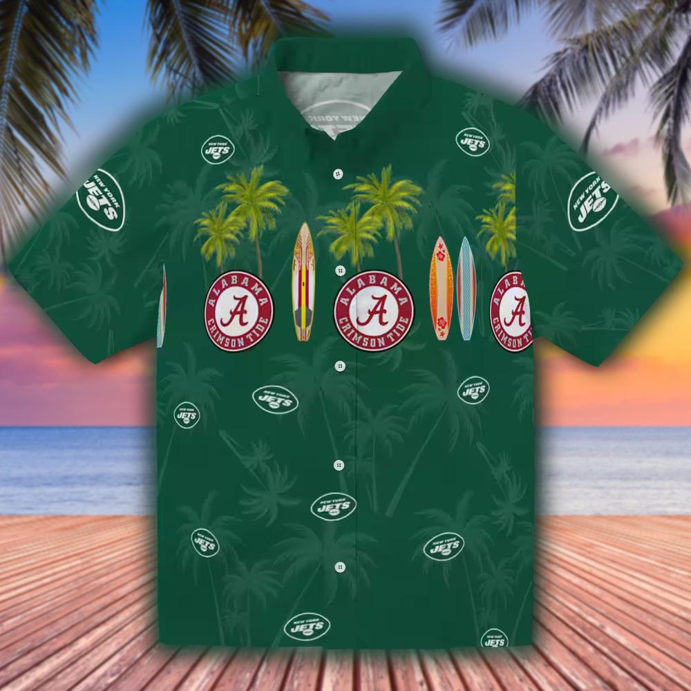 New York Jets Surfboard Palm Green Hawaiian Shirt for Fans New York Jets Surfboard Palm Green Hawaiian Shirt for Fans