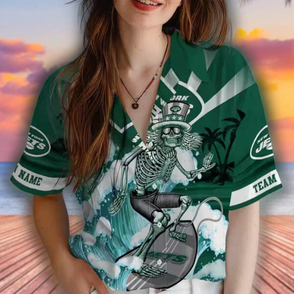 New York Jets Surfing Skeleton Hawaiian Shirt Green Blue Design 4