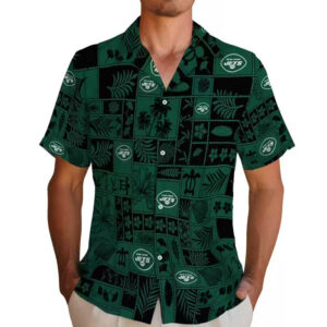 New York Jets Tropical Hawaiian Shirt Green Black Patchwork Design 2