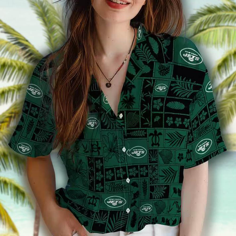New York Jets Tropical Hawaiian Shirt Green Black Patchwork Design New York Jets Tropical Hawaiian Shirt Green Black Patchwork Design