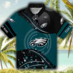 Eagles Football Hawaiian Shirt Green Black Wave Design 1