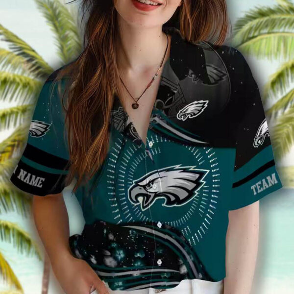 Eagles Football Hawaiian Shirt Green Black Wave Design 4