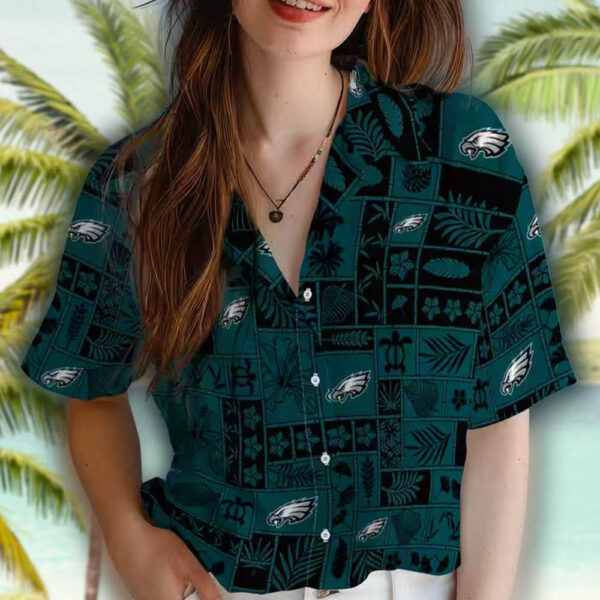 Philadelphia Eagles Green Black Tropical Hawaiian Shirt Patchwork Design 4