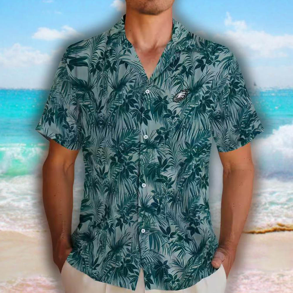 Philadelphia Eagles Green Hawaiian Shirt with Leafy Pattern Philadelphia Eagles Green Hawaiian Shirt with Leafy Pattern