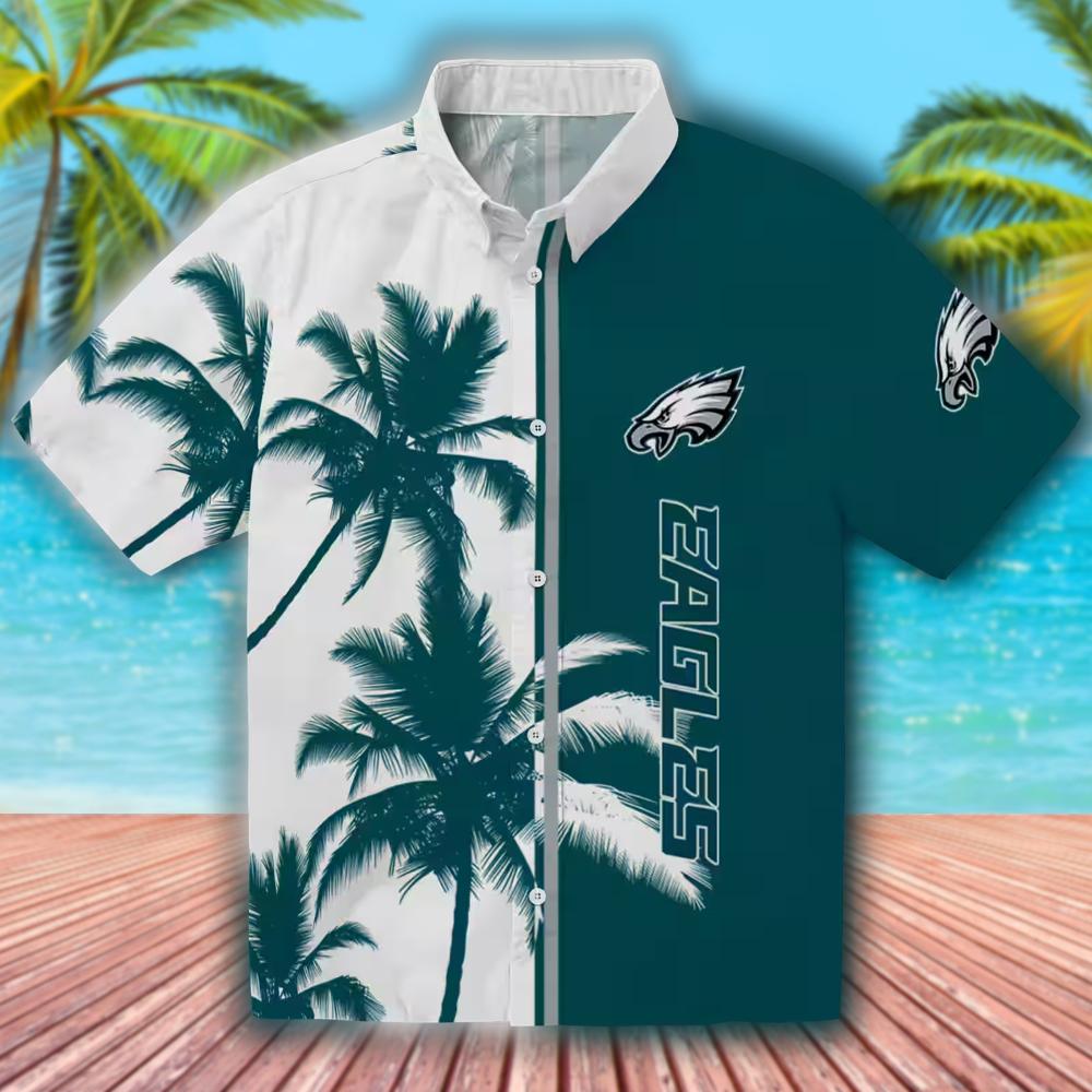 Philadelphia Eagles Green White Hawaiian Shirt with Palm Trees Design Philadelphia Eagles Green White Hawaiian Shirt with Palm Trees Design