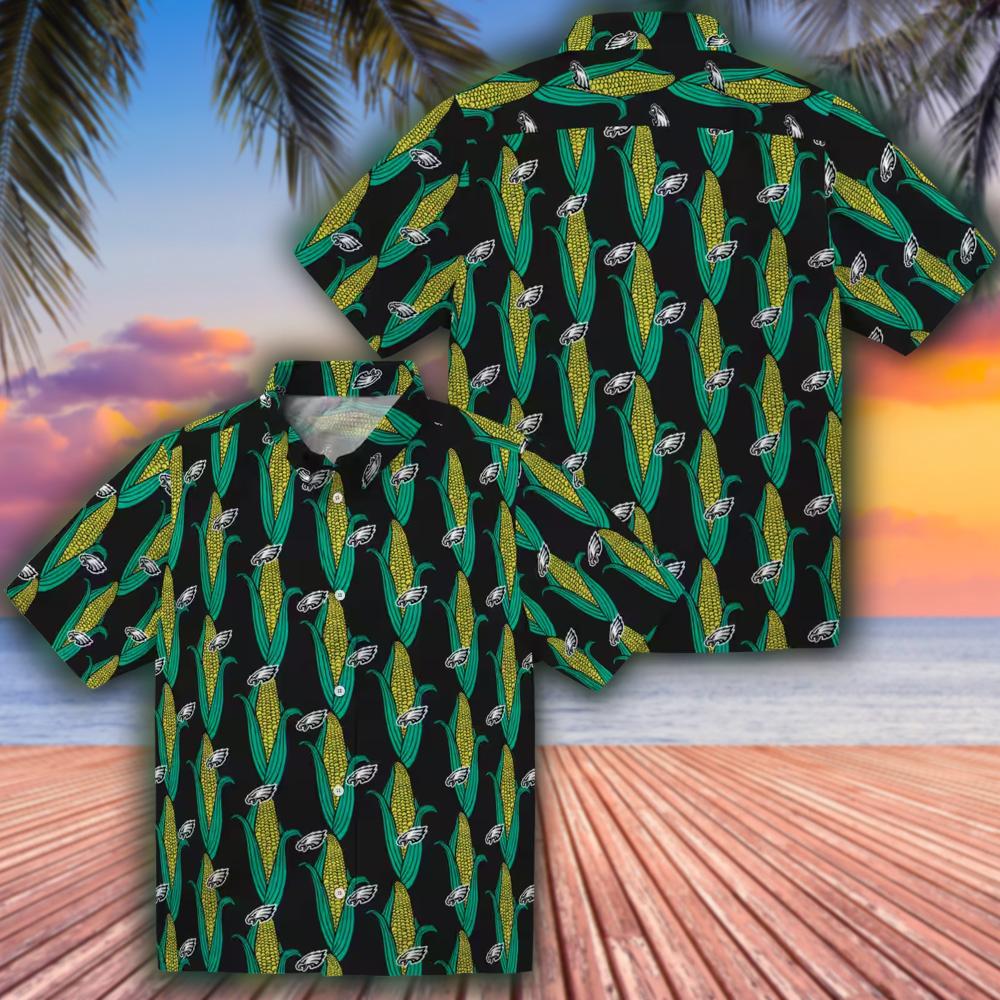 Philadelphia Eagles Hawaiian Shirt Black Green Corn Motifs Philadelphia Eagles Hawaiian Shirt Black Green Corn Motifs