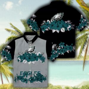 Philadelphia Eagles Hawaiian Shirt Green Black Hibiscus Stripe Design 3