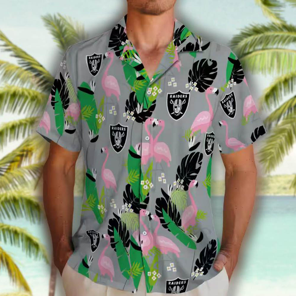 Las Vegas Raiders Hawaiian Shirt Black Green Flamingo Foliage Design Las Vegas Raiders Hawaiian Shirt Black Green Flamingo Foliage Design