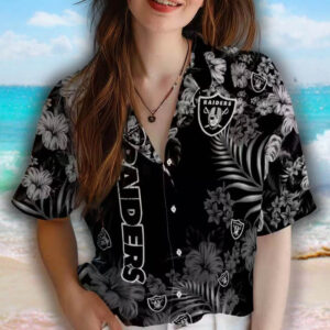Las Vegas Raiders Hawaiian Shirt Black Hibiscus Print 4
