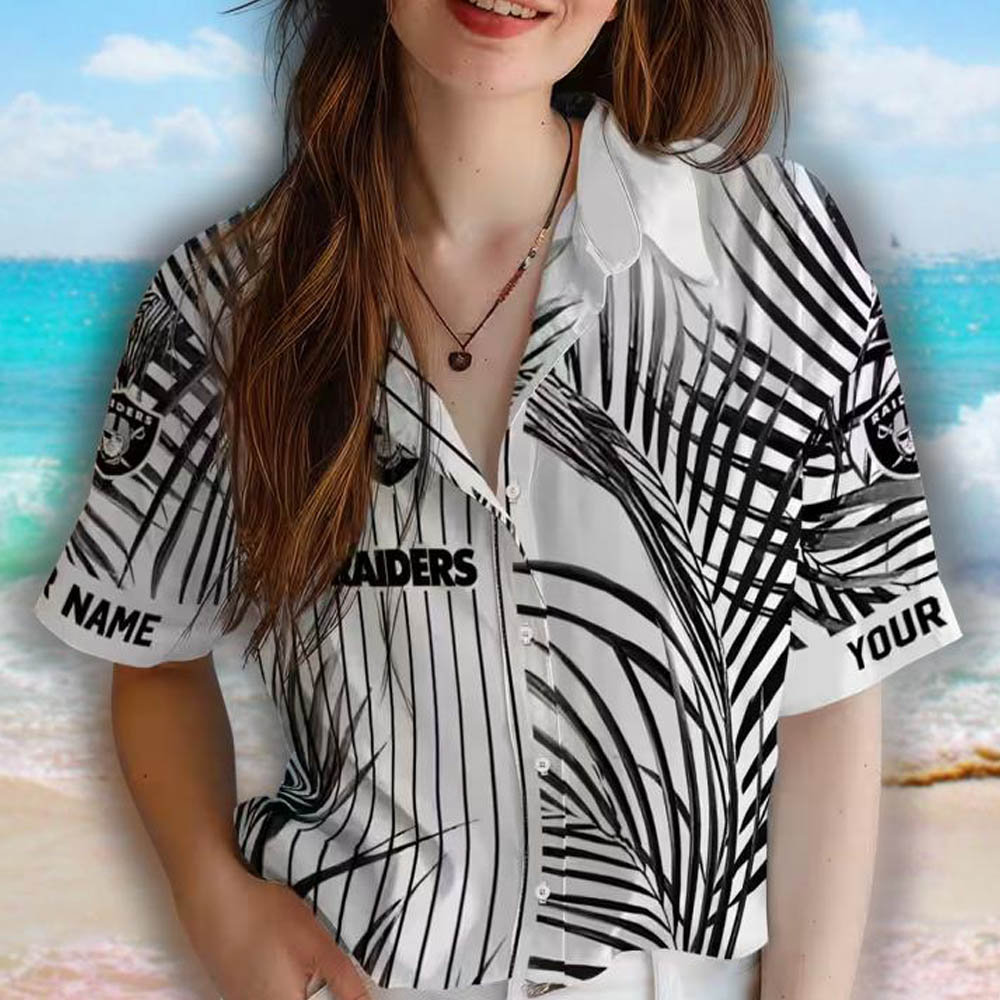 Las Vegas Raiders Hawaiian Shirt Black White Palm Stripes Design Las Vegas Raiders Hawaiian Shirt Black White Palm Stripes Design