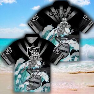 Las Vegas Raiders Hawaiian Shirt Surfing Skeleton Custom Black Blue Design 3