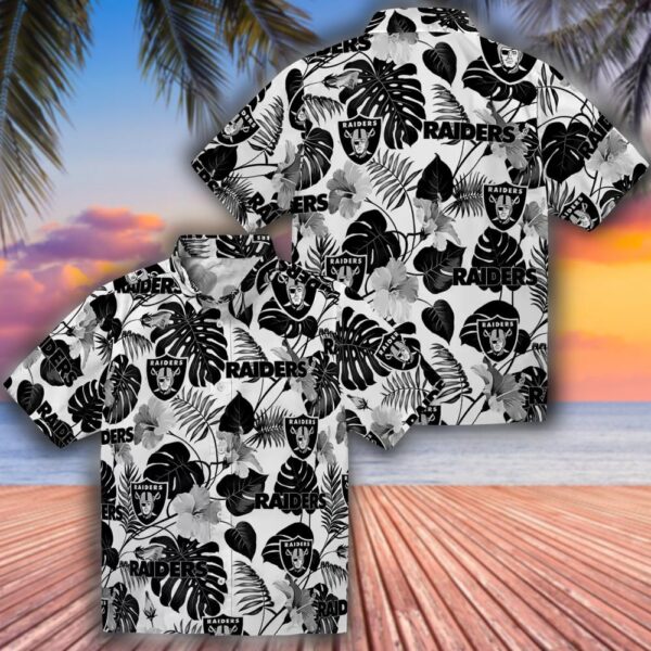 Las Vegas Raiders Hawaiian Shirt Tropical Plants Black White Design 3