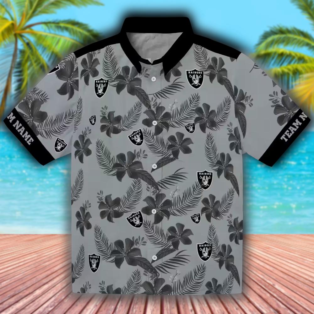 Las Vegas Raiders Hawaiian Shirt with Botanical Silver Design Las Vegas Raiders Hawaiian Shirt with Botanical Silver Design