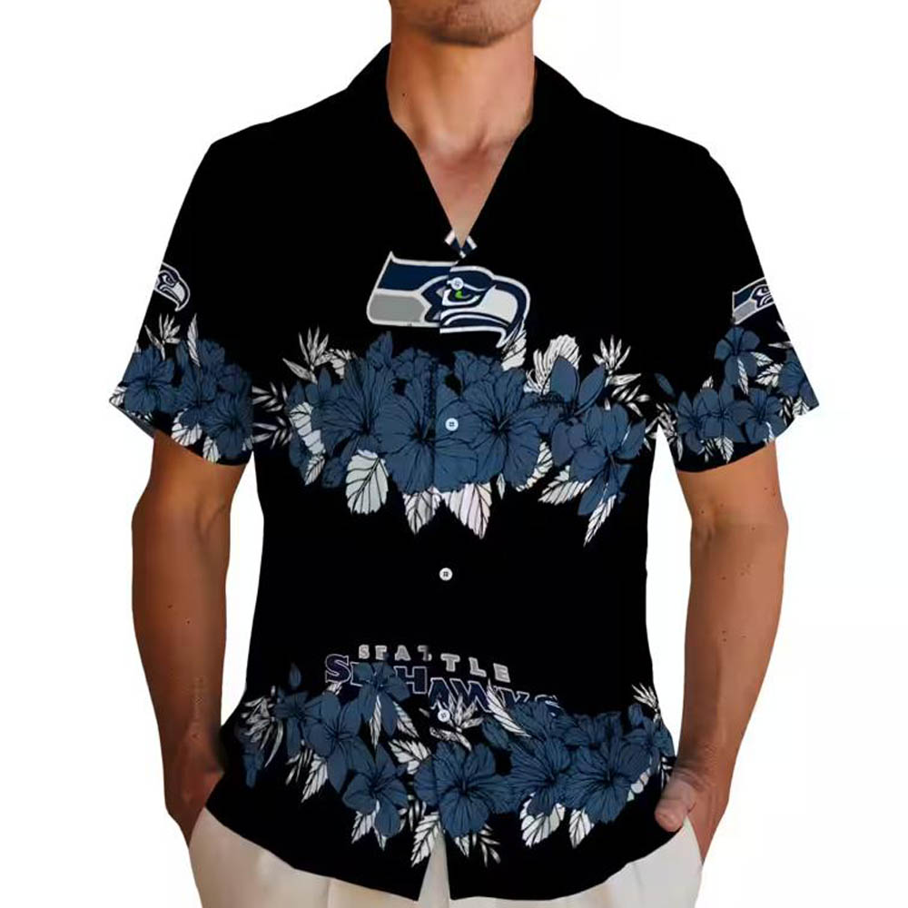 Seattle Seahawks Blue Black Hawaiian Hibiscus Shirt Football Fan Gear Seattle Seahawks Blue Black Hawaiian Hibiscus Shirt Football Fan Gear