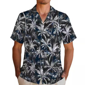 Seattle Seahawks Blue Black Hawaiian Shirt with Palm Pattern 2