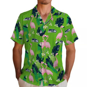 Seattle Seahawks Blue Green Hawaiian Shirt Flamingo Foliage Design 2