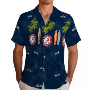 Seattle Seahawks Blue Surfboard Hawaiian Shirt Palm Design 2