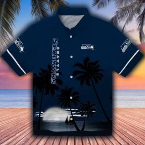 Seattle Seahawks Hawaiian Shirt Blue Black Beach Sunset Design 1