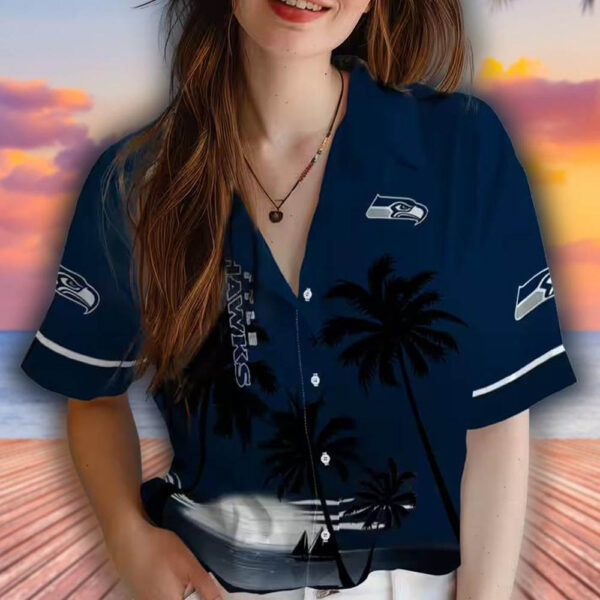 Seattle Seahawks Hawaiian Shirt Blue Black Beach Sunset Design 4