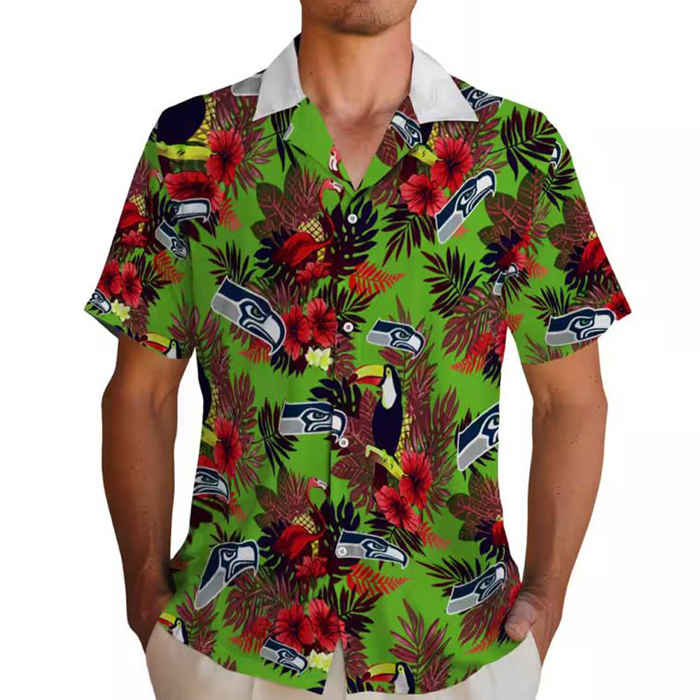 Seattle Seahawks Hawaiian Shirt Blue Red Floral Toucan Design Seattle Seahawks Hawaiian Shirt Blue Red Floral Toucan Design