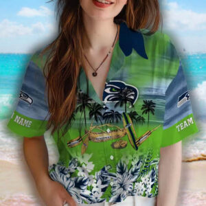 Seattle Seahawks Hawaiian Shirt Tropical Canoe Blue Personalized Design 4