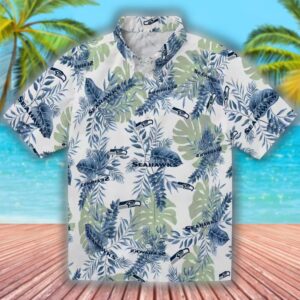 Seattle Seahawks Hawaiian Shirt Tropical Leaves Blue White Design 1