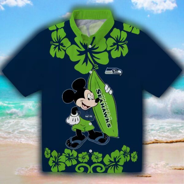 Seattle Seahawks Surfing Mickey Mouse Blue Hawaiian Shirt 1