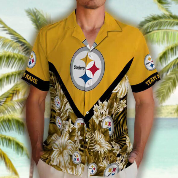 Pittsburgh Steelers Gold Floral Chevron Hawaiian Shirt Personalization 2