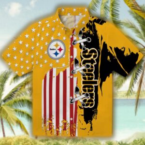 Pittsburgh Steelers Gold Hawaiian Shirt with Stitched Flag Design 1