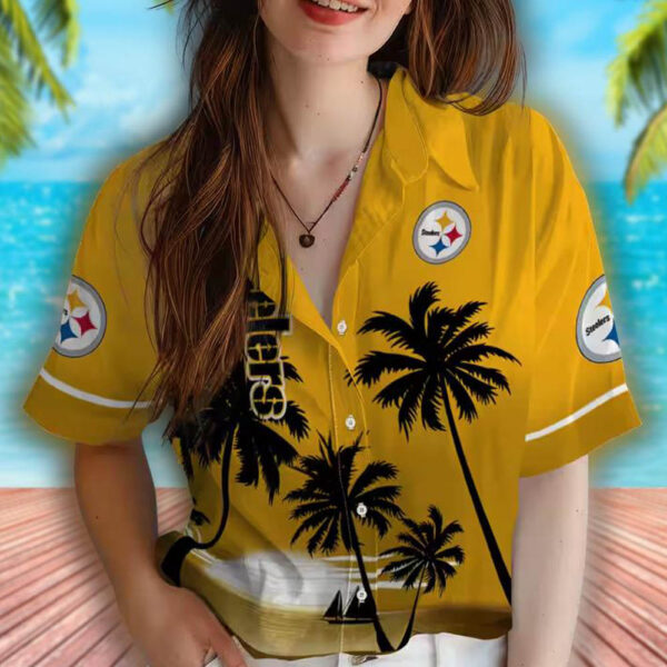 Pittsburgh Steelers Hawaiian Shirt Beach Sunset Gold Black Design 4