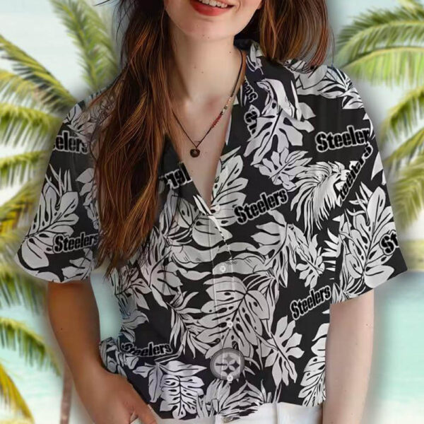 Pittsburgh Steelers Hawaiian Shirt Black Monstera Leaf Design 4