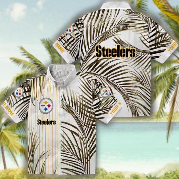 Pittsburgh Steelers Hawaiian Shirt Gold Black White Palm Stripes Design 3