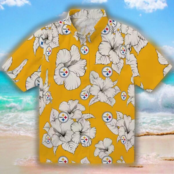Pittsburgh Steelers Hawaiian Shirt Gold White Hibiscus Design 1