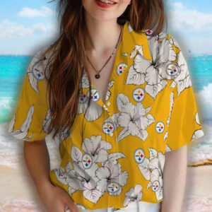 Pittsburgh Steelers Hawaiian Shirt Gold White Hibiscus Design 4