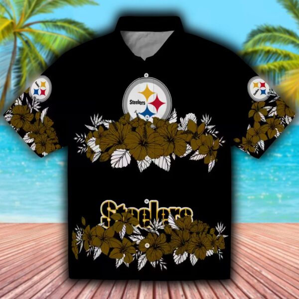 Pittsburgh Steelers Hawaiian Shirt Hibiscus Stripe Gold Black Design 1