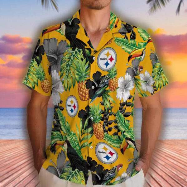 Pittsburgh Steelers Hawaiian Shirt Toucan Hibiscus Pineapple Gold Green 2